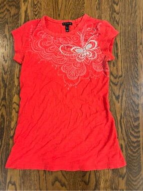 Vintage Y2K F.A.N.G. Coral Butterfly Glitter Rhinestone Tee